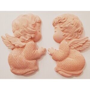 Vintage Chalkware Wall Art 2 Praying Angels Cherubs Pink Matte Boy Girl 6" Flaws